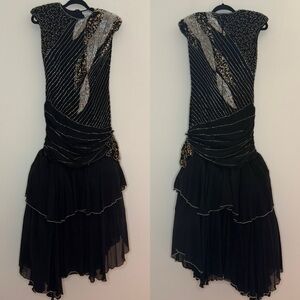 Authentic Vintage 20s Flapper 100% Silk Beaded Gold Black Flower Appliqué Dress